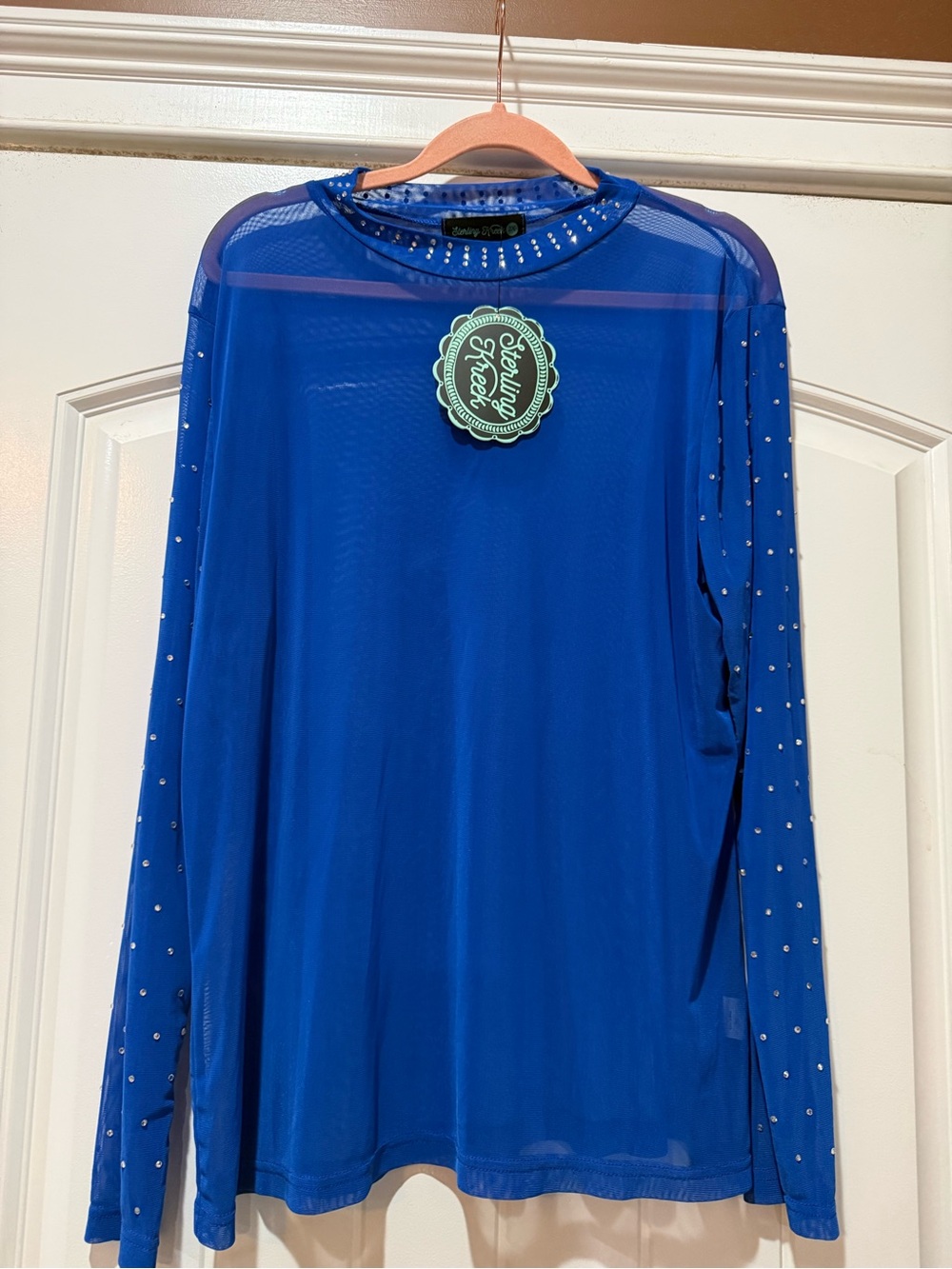 Sterling Kreek Cobalt Blue Long-Sleeve Mesh Top with Embellished Sleeves